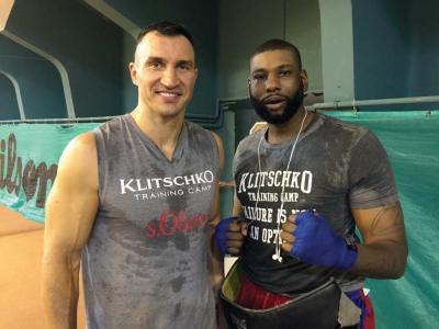 Heavyweight boxing champion Wladimir Klitschko, left, is shown with Dorchester’s Donnie Palmer this week at the champ’s training camp in the Austrian Alps. 	Photo courtesy Donnie Palmer
